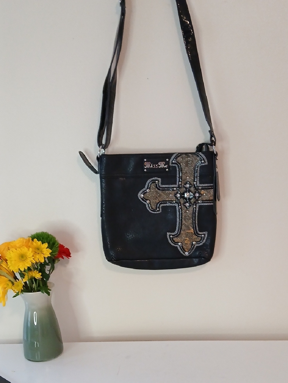 Miss Me Black Cross Embellished Small Crossbody Bag